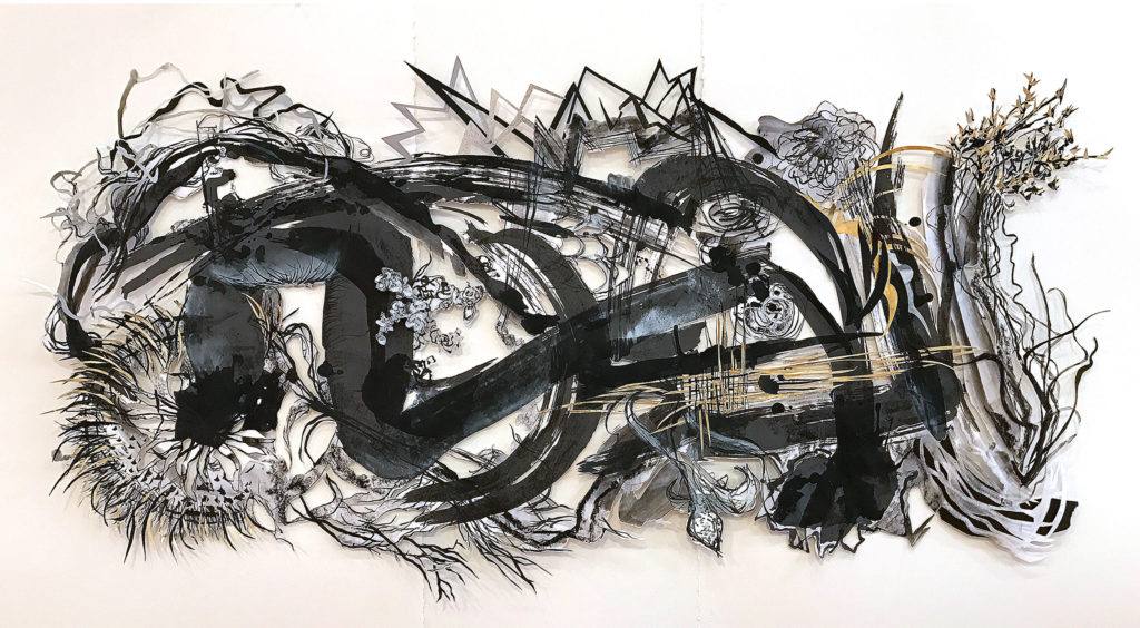 Cambria, 25" x 50" x 2", 2016, ink, marker, papers, gold leaf